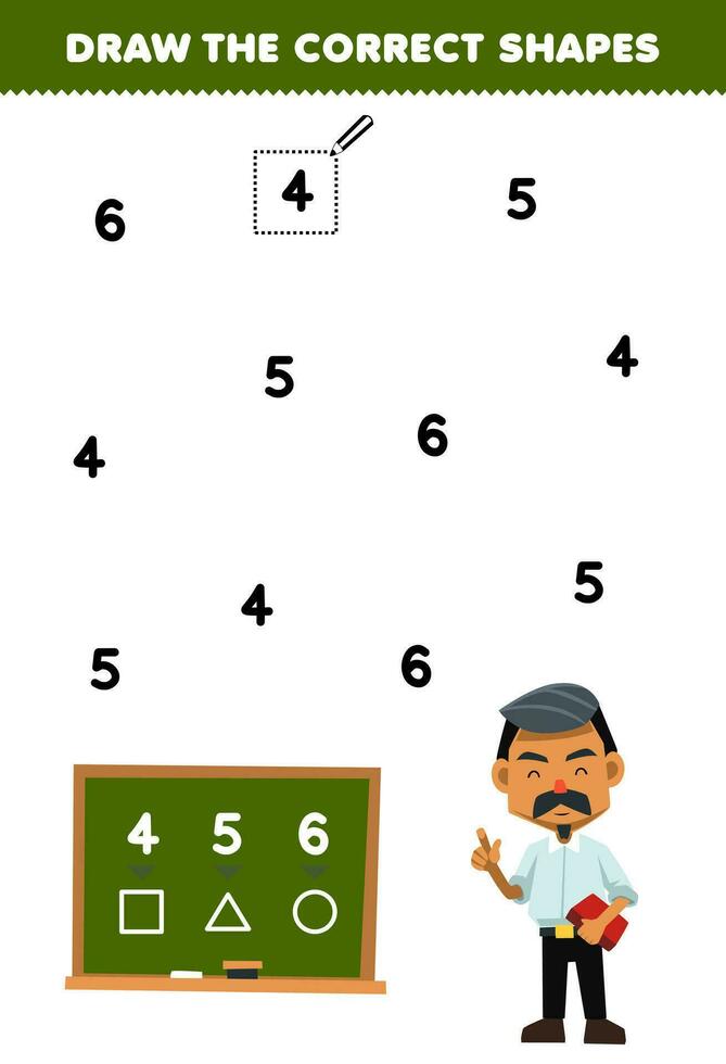 educación juego para niños ayuda linda dibujos animados profesor dibujar el correcto formas según a el número imprimible profesión hoja de cálculo vector