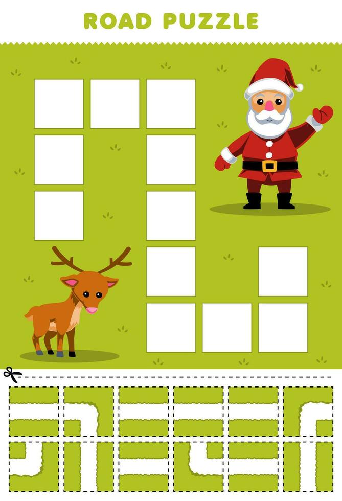 Education game for children road puzzle help deer move to santa printable winter worksheet vector