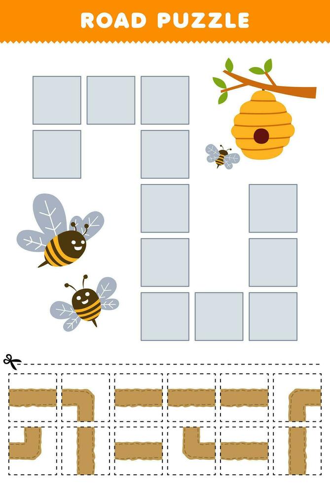 Education game for children road puzzle help bee move to beehive printable farm worksheet vector
