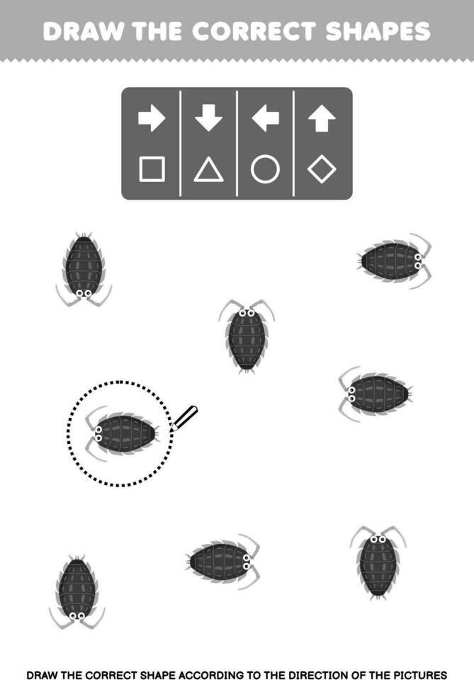 Education game for children draw the correct shape according to the direction of cute cartoon louse pictures printable bug worksheet vector