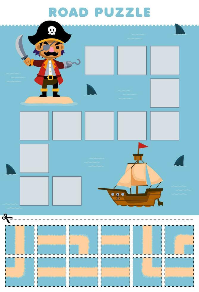 educación juego para niños la carretera rompecabezas ayuda capitán moverse a el Embarcacion imprimible pirata hoja de cálculo vector