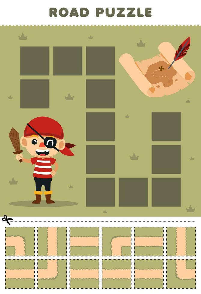 Education game for children road puzzle help boy move to treasure map printable pirate worksheet vector