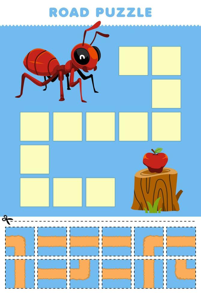 Education game for children road puzzle help ant move to wood log printable bug worksheet vector
