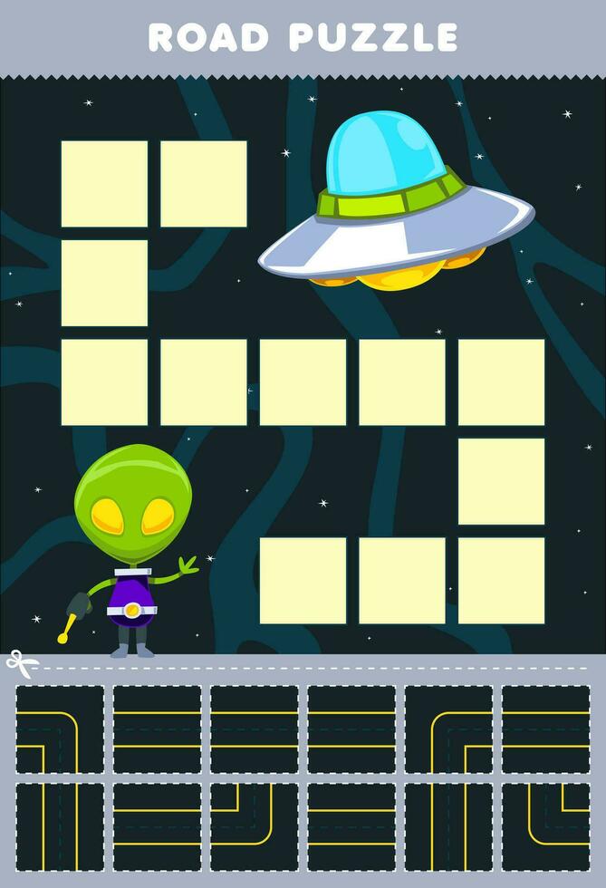 Education game for children road puzzle help alien move to the ufo printable solar system worksheet vector