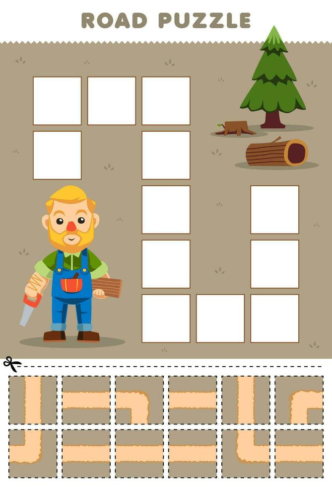 Education game for children road puzzle help carpenter move to the tree printable profession worksheet vector