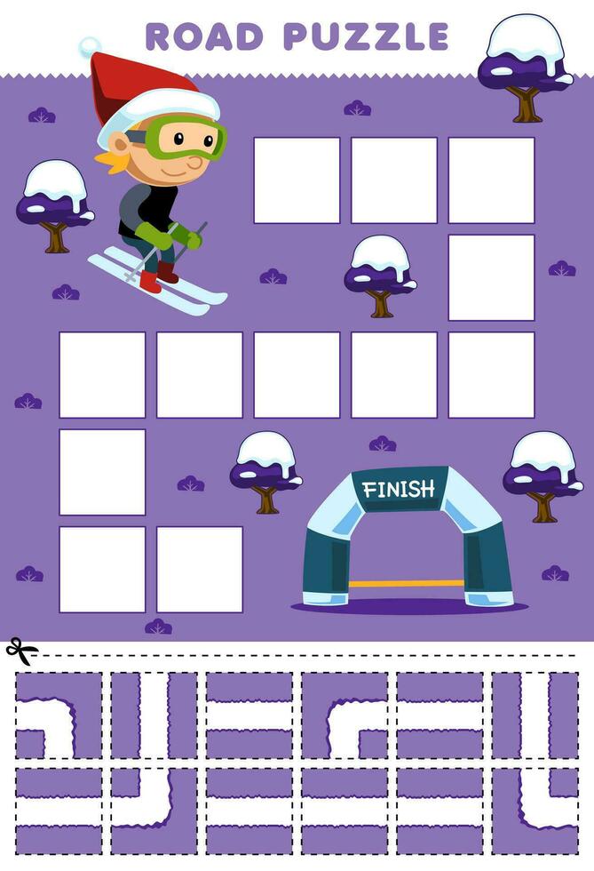 Education game for children road puzzle help boy playing ski move to the finish line printable winter worksheet vector