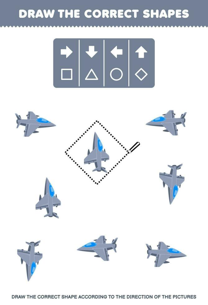 Education game for children draw the correct shape according to the direction of cute cartoon jet fighter pictures printable transportation worksheet vector