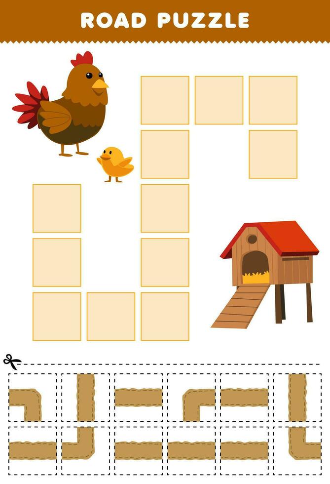 Education game for children road puzzle help chicken move to coop printable farm worksheet vector