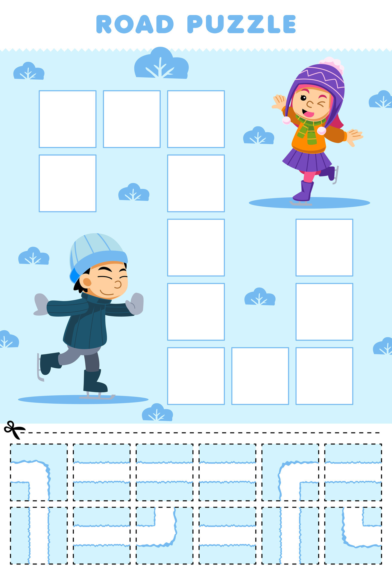 Education game for children road puzzle help boy playing ice skating