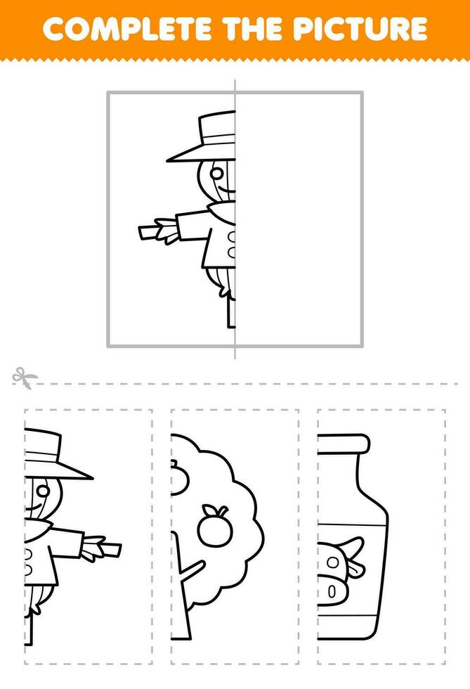 Education game for children cut and complete the picture of cute cartoon scarecrow half outline for coloring printable farm worksheet vector