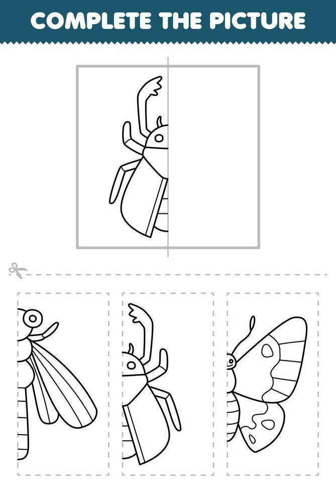 educación juego para niños cortar y completar el imagen de linda dibujos animados ciervo escarabajo medio contorno para colorante imprimible error hoja de cálculo vector