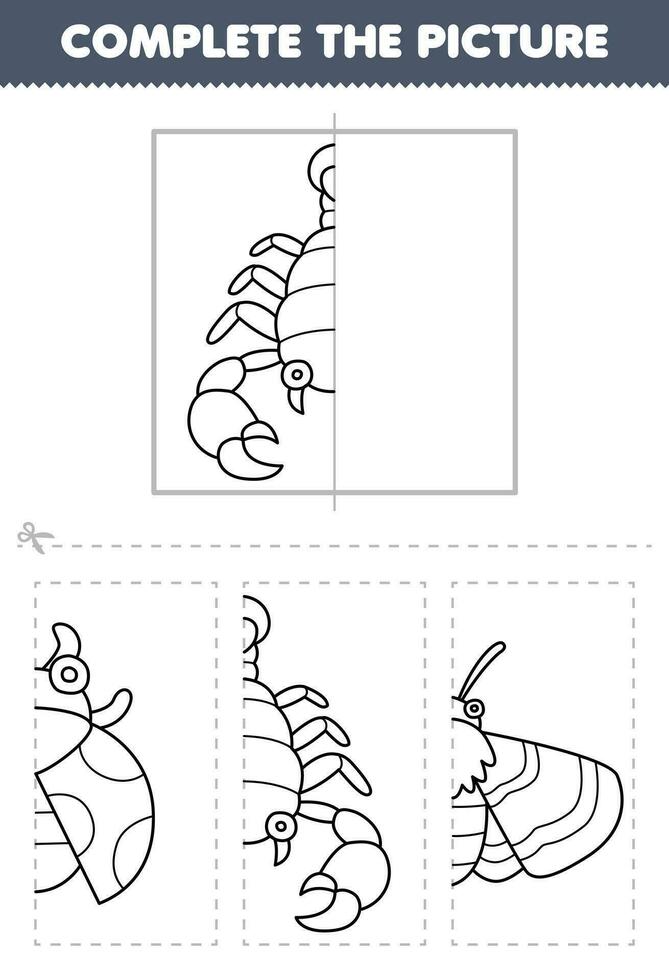 Education game for children cut and complete the picture of cute cartoon scorpion half outline for coloring printable bug worksheet vector