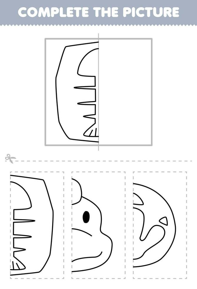 Education game for children cut and complete the picture of cute cartoon fish bone fossil head half outline for coloring printable prehistoric dinosaur worksheet vector