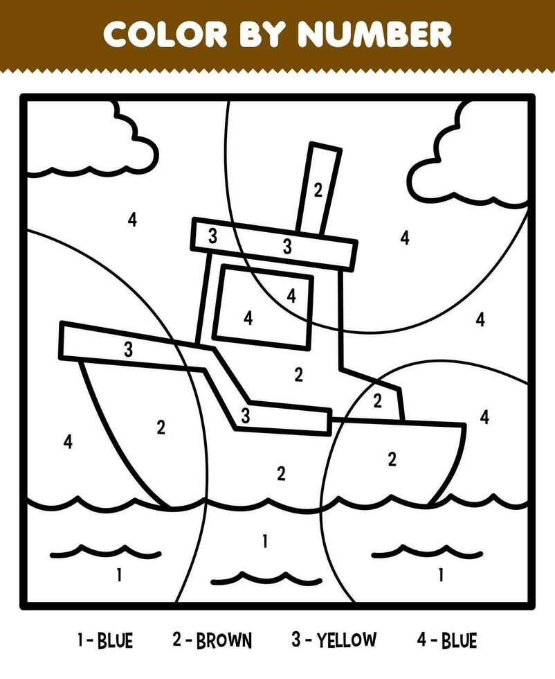 Education game for children color by number of cute cartoon boat line art printable transportation worksheet vector