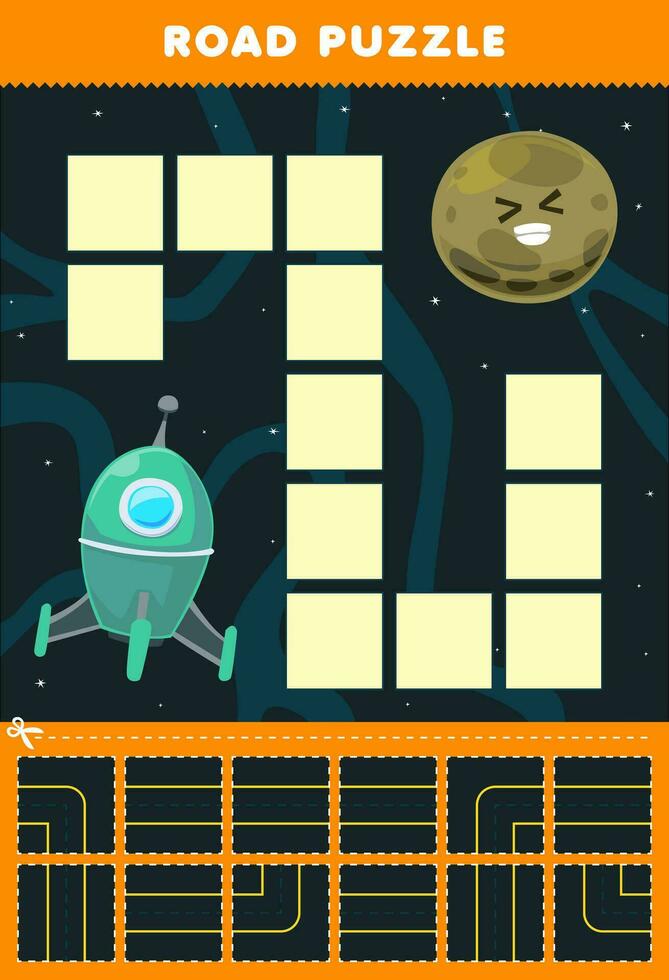 Education game for children road puzzle help rocket move to the planet printable solar system worksheet vector