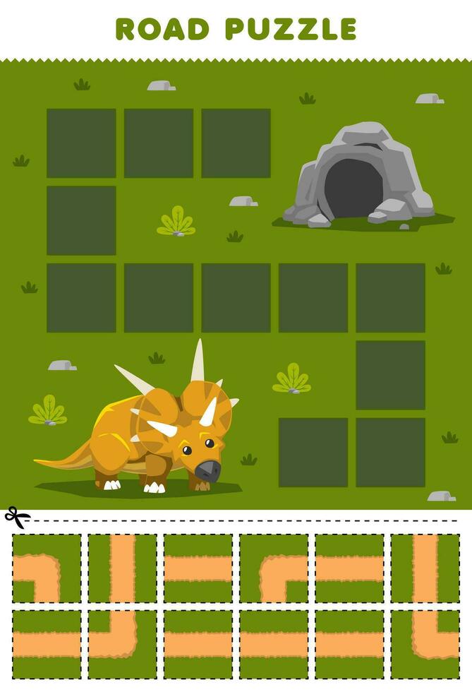 Education game for children road puzzle help xenoceratops move to the cave printable dinosaur worksheet vector