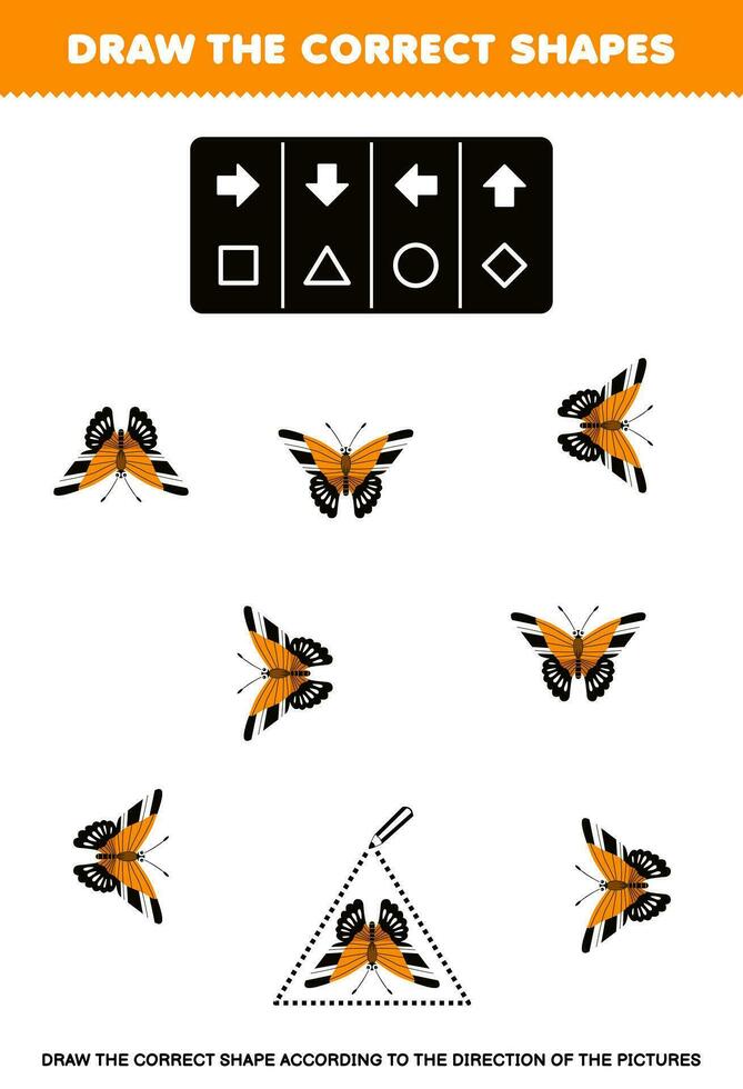 educación juego para niños dibujar el correcto forma según a el dirección de linda dibujos animados mariposa imágenes imprimible error hoja de cálculo vector