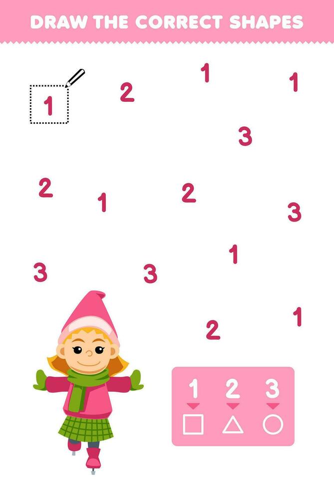 educación juego para niños ayuda linda dibujos animados niña jugando hielo Patinaje dibujar el correcto formas según a el número imprimible invierno hoja de cálculo vector