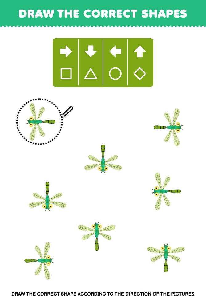 Education game for children draw the correct shape according to the direction of cute cartoon dragonfly pictures printable bug worksheet vector