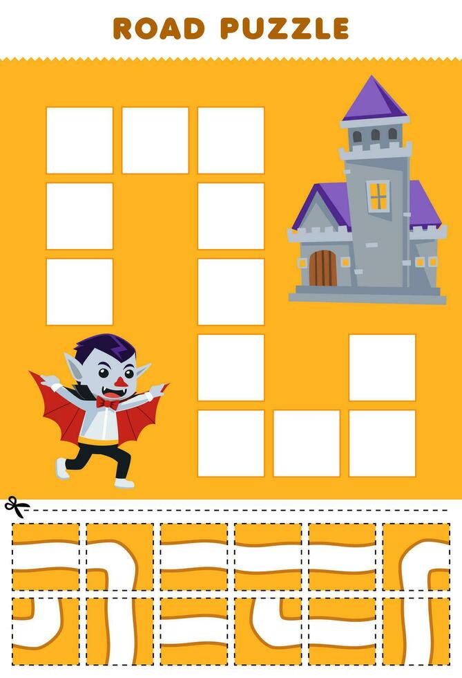 Education game for children road puzzle help dracula move to the castle printable halloween worksheet vector