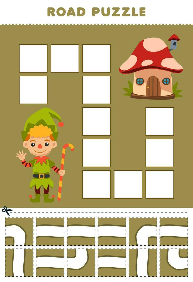 Education game for children road puzzle help dwarf move to the mushroom house printable halloween worksheet vector