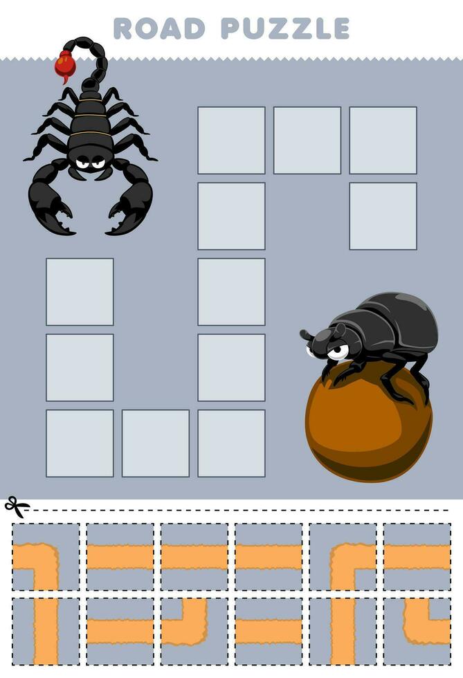 Education game for children road puzzle help scorpion move to dung beetle printable bug worksheet vector