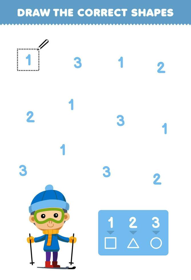 educación juego para niños ayuda linda dibujos animados chico jugando esquí dibujar el correcto formas según a el número imprimible invierno hoja de cálculo vector