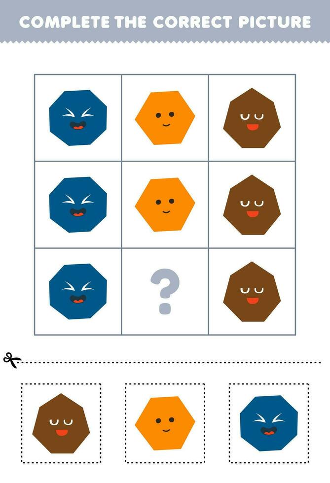 Education game for children to choose and complete the correct picture of a cute cartoon heptagon hexagon or octagon printable shape worksheet vector