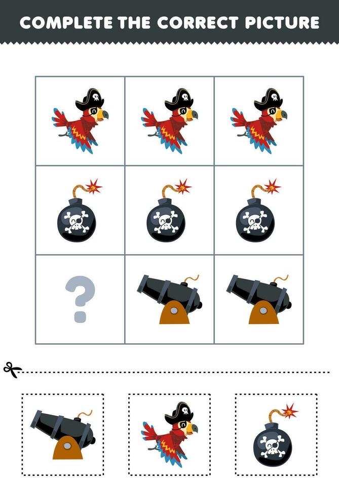 Education game for children to choose and complete the correct picture of a cute cartoon parrot bomb or cannon printable pirate worksheet vector