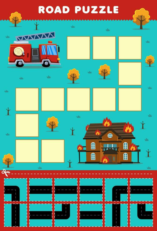 Education game for children road puzzle help firetruck move to fire house printable transportation worksheet vector