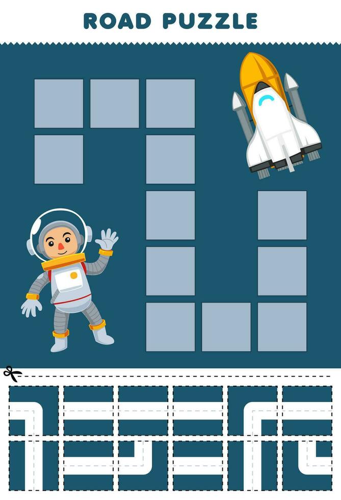 Education game for children road puzzle help astronaut move to the spaceship printable profession worksheet vector