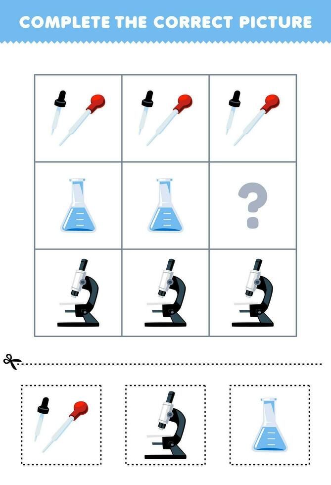 Education game for children to choose and complete the correct picture of a cute cartoon dropper flask or microscope printable tool worksheet vector