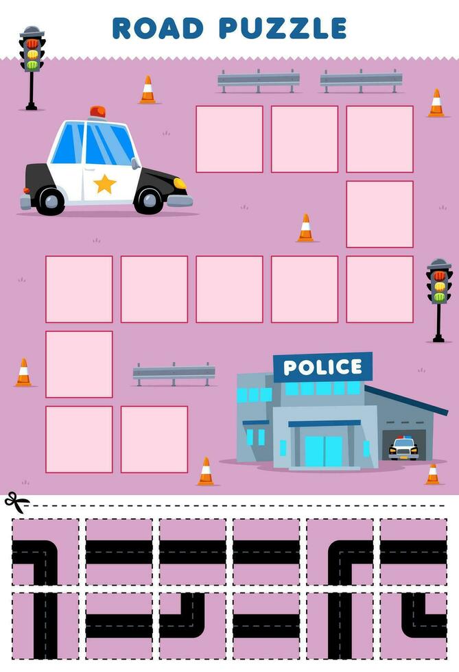 educación juego para niños la carretera rompecabezas ayuda policía coche moverse a policía oficina imprimible transporte hoja de cálculo vector