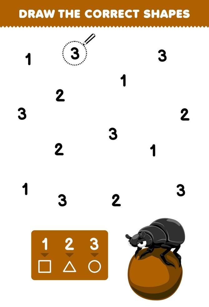 Education game for children help cute cartoon dung beetle draw the correct shapes according to the number printable bug worksheet vector