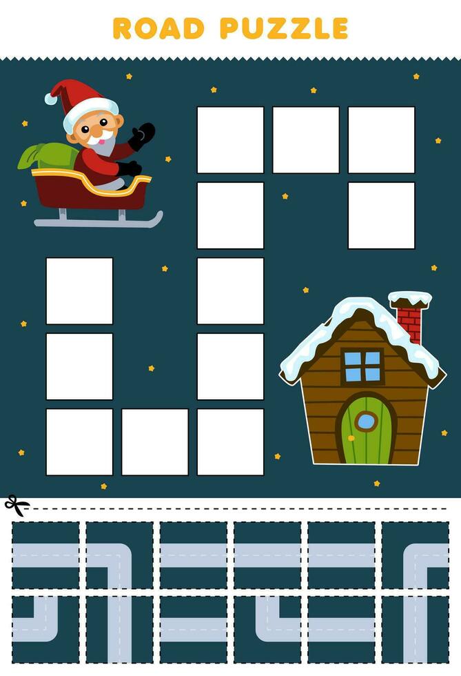 Education game for children road puzzle help santa move to the finish line printable winter worksheet vector