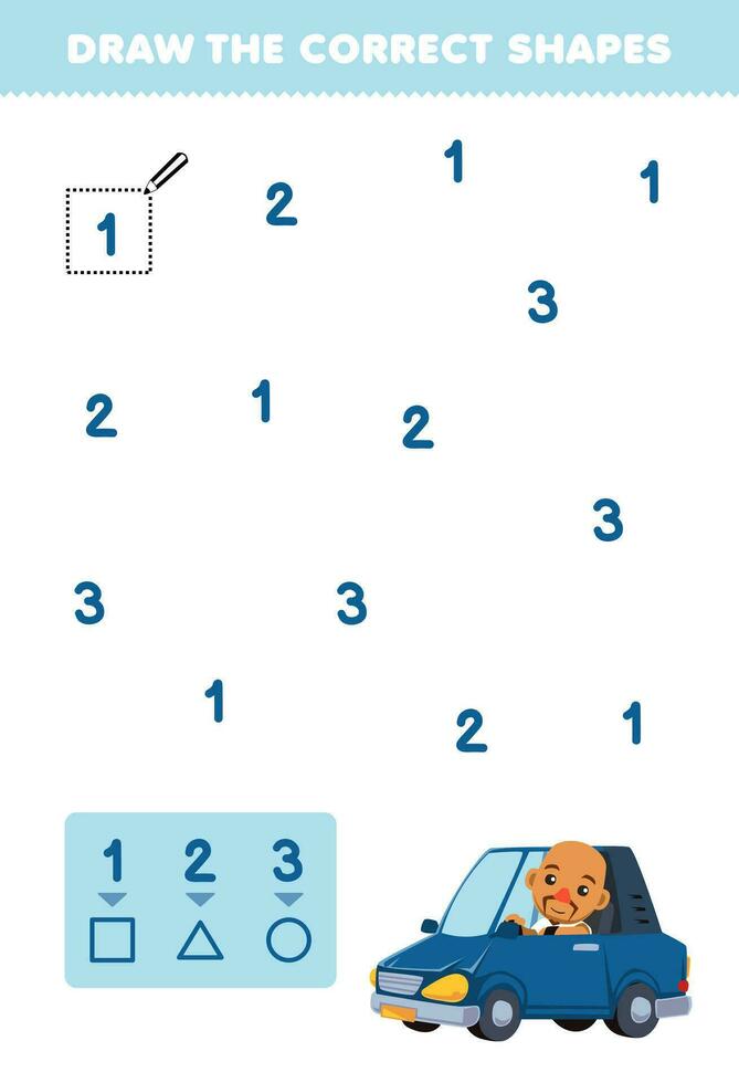 Education game for children help cute cartoon driver draw the correct shapes according to the number printable profession worksheet vector