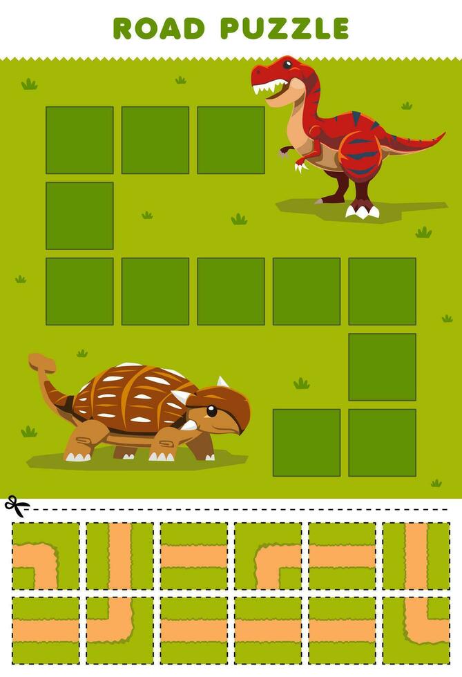 Education game for children road puzzle help ankylosaurus move to tyrannosaurus printable dinosaur worksheet vector