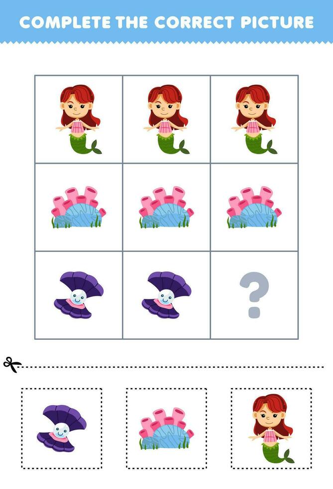 Education game for children to choose and complete the correct picture of a cute cartoon shell coral or mermaid printable underwater worksheet vector