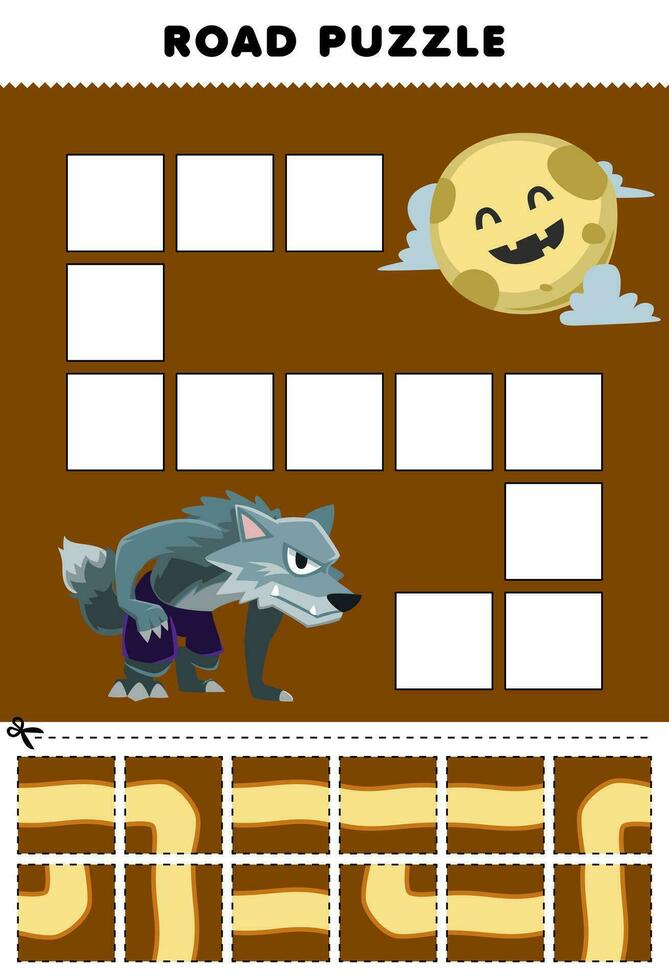 Education game for children road puzzle help werewolf move to the moon printable halloween worksheet vector