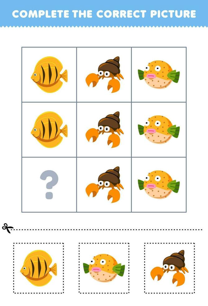 educación juego para niños a escoger y completar el correcto imagen de un linda dibujos animados pescado o ermitaño cangrejo imprimible submarino hoja de cálculo vector