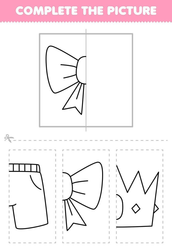 Education game for children cut and complete the picture of cute cartoon ribbon half outline for coloring printable wearable clothes worksheet vector