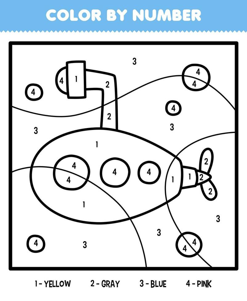 Education game for children color by number of cute cartoon submarine line art printable transportation worksheet vector
