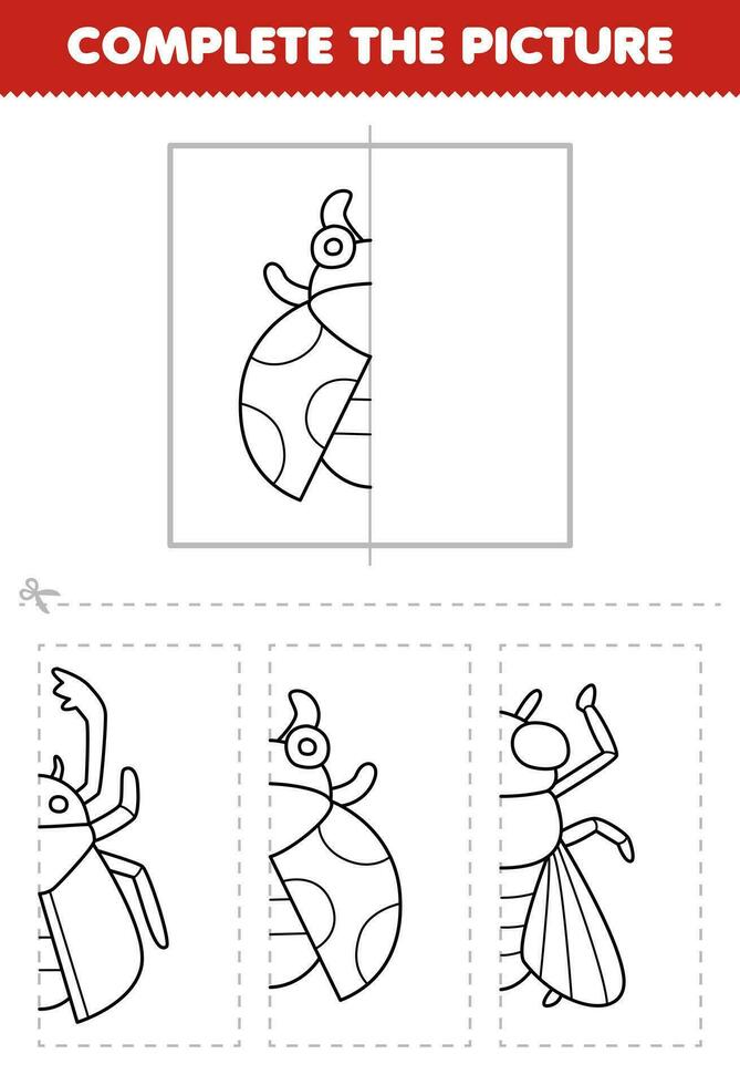 Education game for children cut and complete the picture of cute cartoon ladybug half outline for coloring printable bug worksheet vector