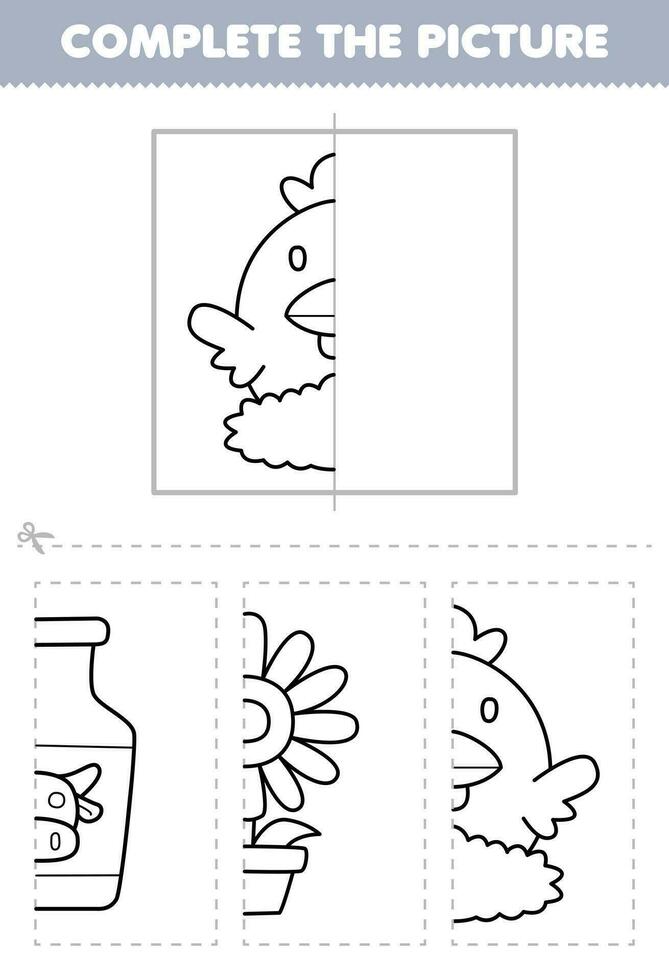 educación juego para niños cortar y completar el imagen de linda dibujos animados pollo en el nido medio contorno para colorante imprimible granja hoja de cálculo vector