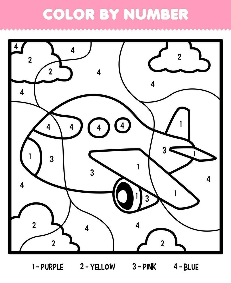 Education game for children color by number of cute cartoon plane line art printable transportation worksheet vector