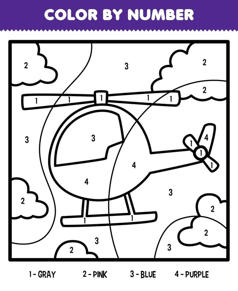 Education game for children color by number of cute cartoon helicopter line art printable transportation worksheet vector