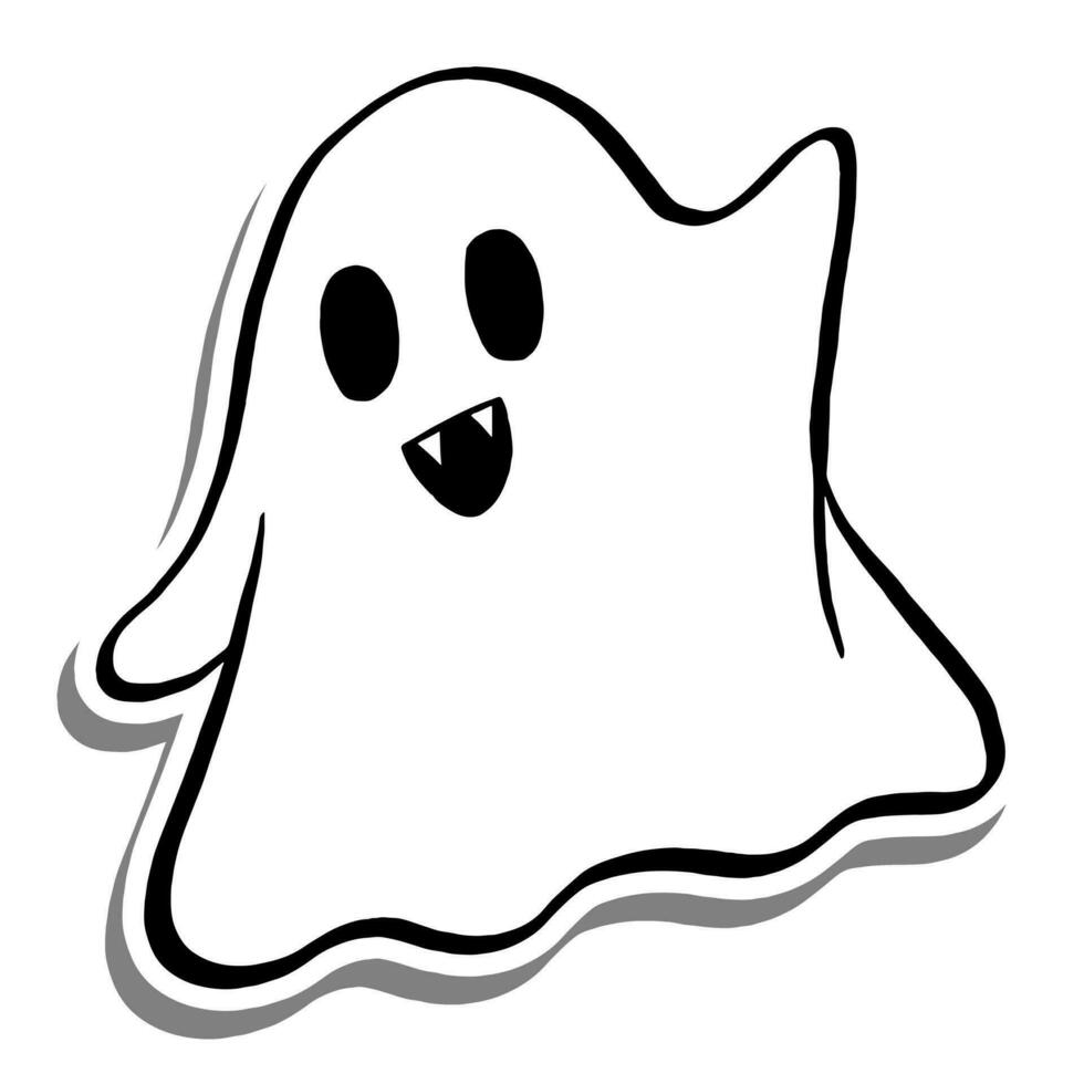 Vector illustration of Halloween Little Ghost Smile. Cartoon line on white silhouette and Gray shadow.