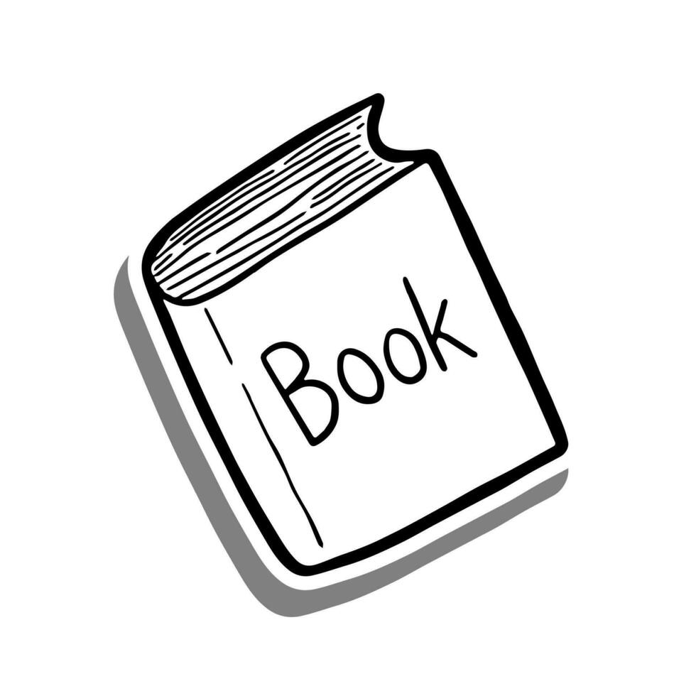 Doodle cartoon book. Hand drawn black line. Text 'Book' on cover. Vector illustration.