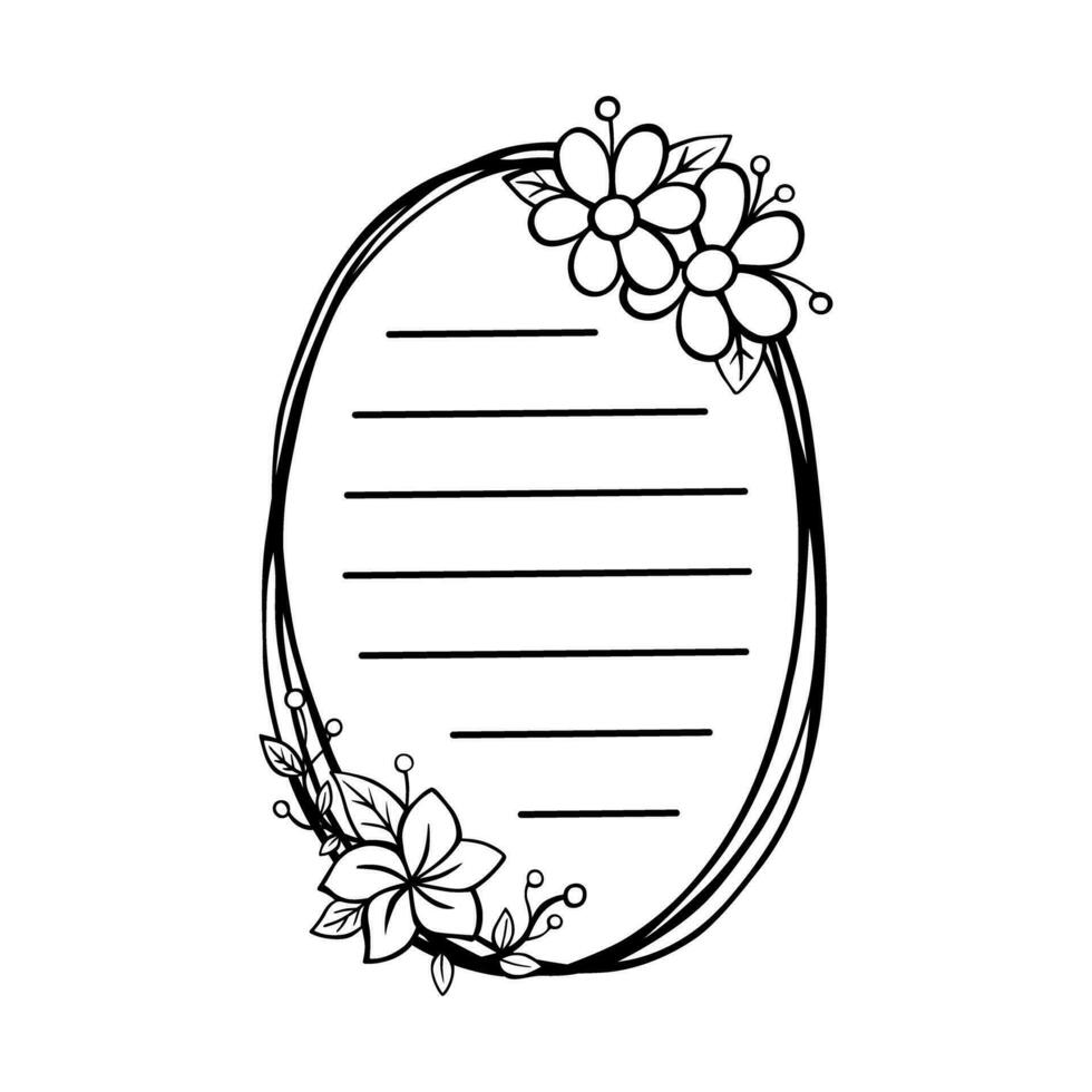 Triple Oval Flowers Note. Black line in for message like notepaper. Vector illustration about stationery.