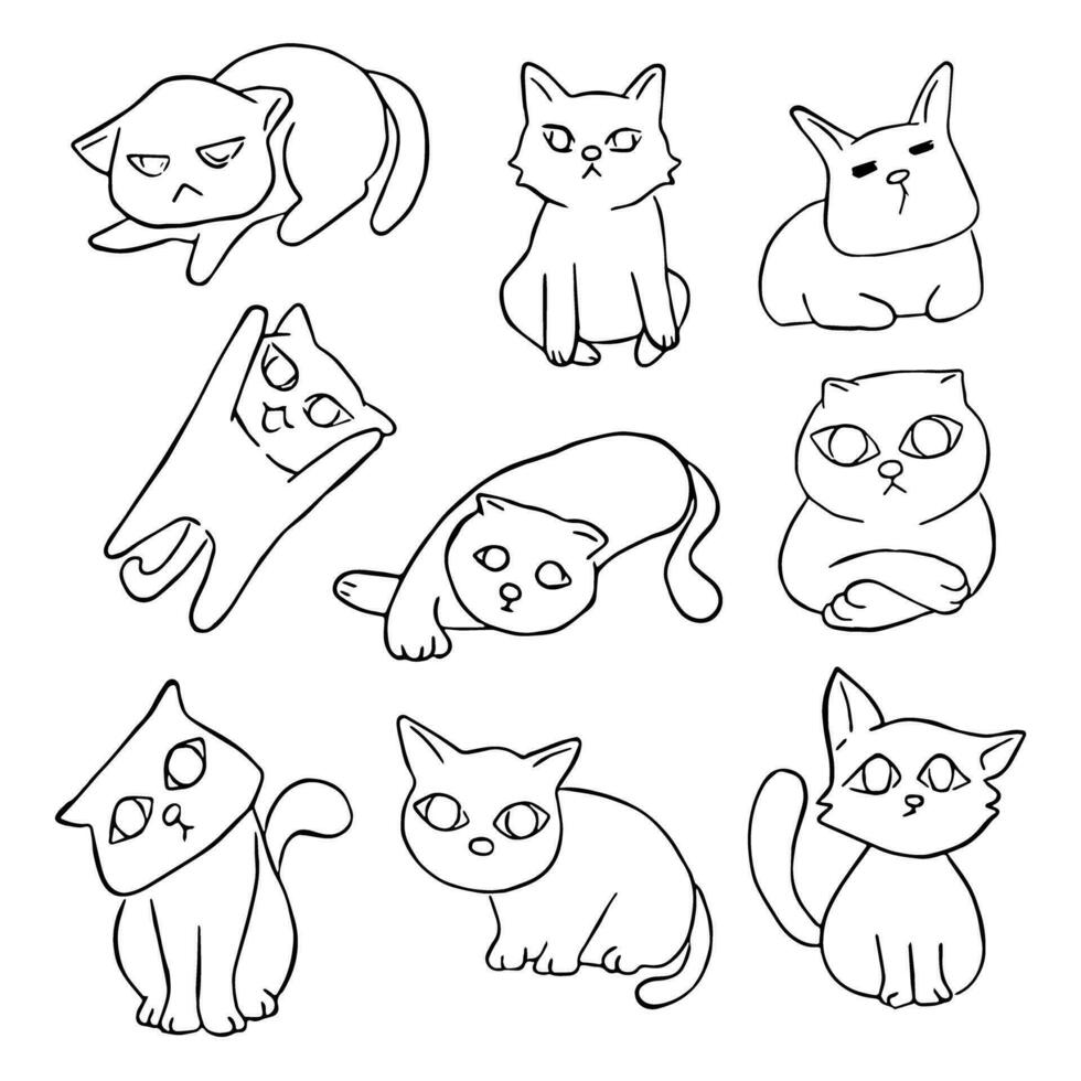 negro línea conjunto de nueve gatos mano dibujado dibujos animados estilo. garabatear para colorante, decoración o ninguna diseño. vector ilustración de niño Arte.